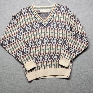Vintage 90s Crossings Fine Line V Neck Sweater Mens M Nordic Fair Isle Fisherman